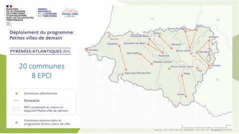 Carte des petites villes de demain dans les Pyrénées-Atlantiques