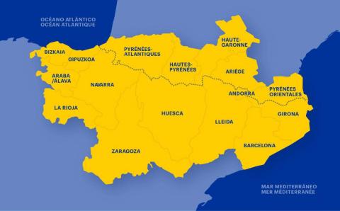 Carte coopération transfrontalière créé afin de promouvoir le développement durable des territoires frontaliers des trois pays que sont Andorre, l’Espagne et la France.