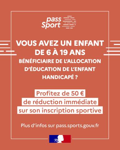 Vous avez un enfant de 6 à 19 ans bénéficiaire de l'Allocation d'Education de l'Enfant Handicap ? Profitez de 50 € de réduction sur son inscription sportive.